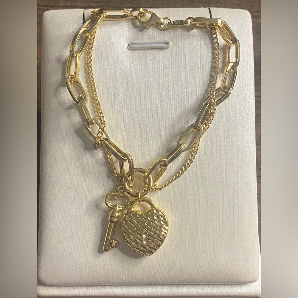 Real 18K Gold Heart & Key Pendant Layered Bracelet